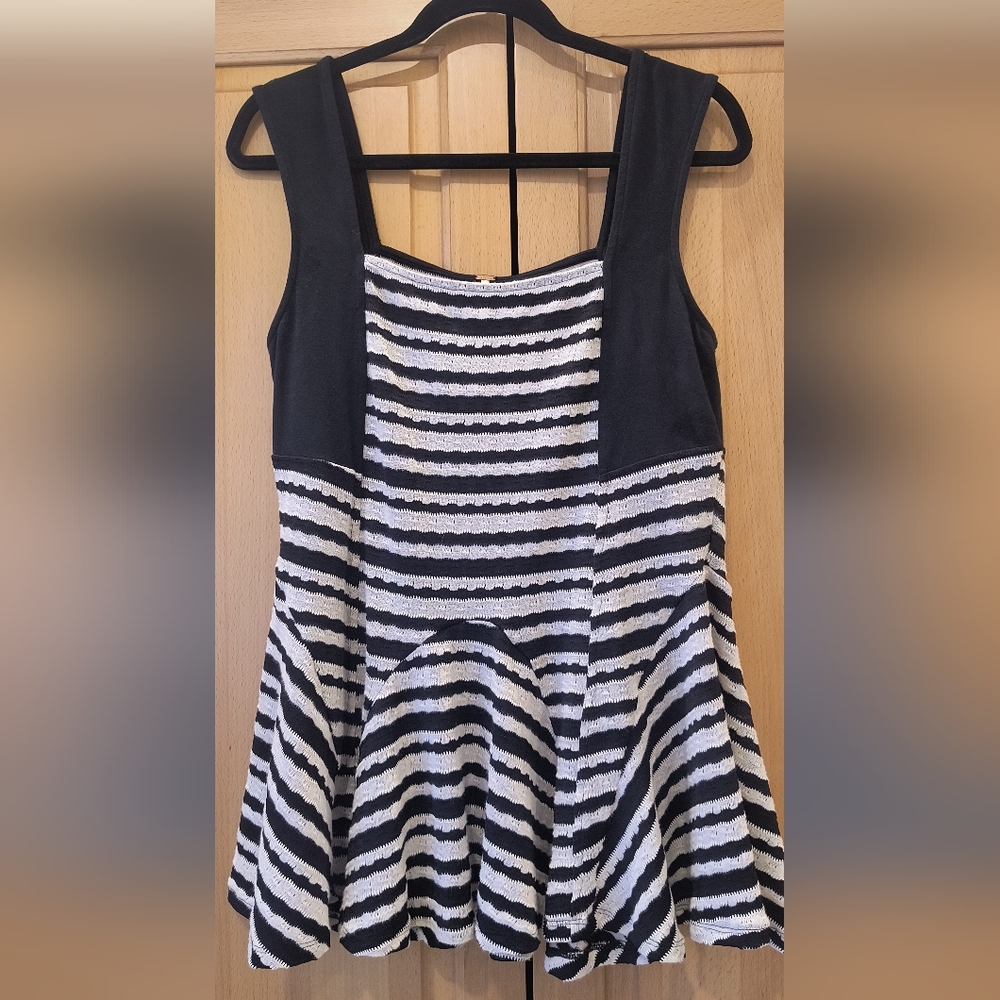 Free People Black and Cream Sedgwick Peplum Jacquard Tank Top Blouse